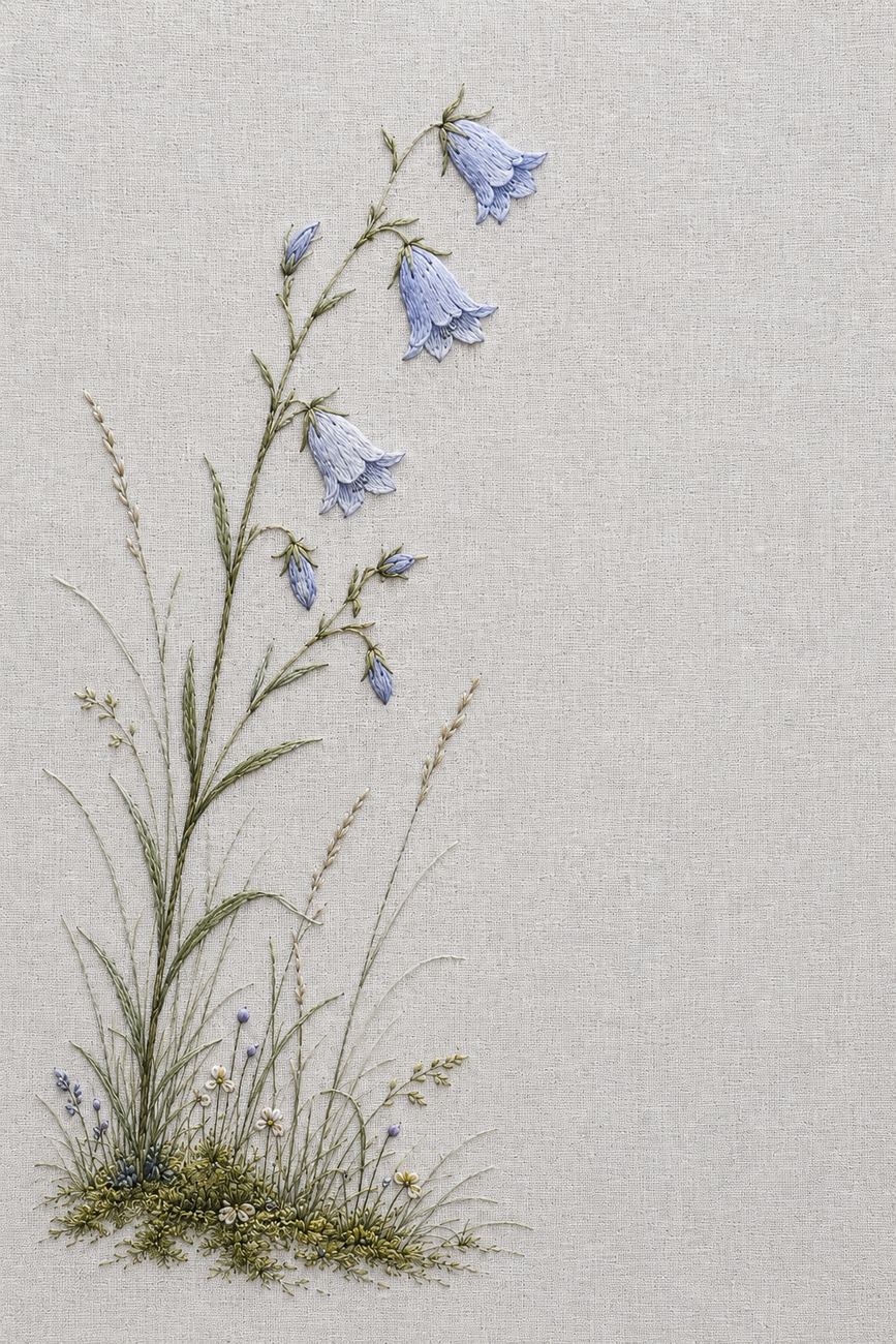 Embroidered textile interpretation of Study 01 — Harebell Silence from Nordic Florals, Geometric Lines and Minimal Textile Motifs Studies, showing detailed botanical threadwork, linen texture, Nordic colour relationships and the final stitched version of the paired study.