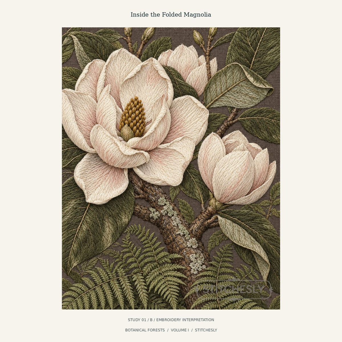 Blush magnolia flowers with directional thread texture, olive leaves and ferns on a dark ground. Study 01 B, with Stitchesly preview watermark.