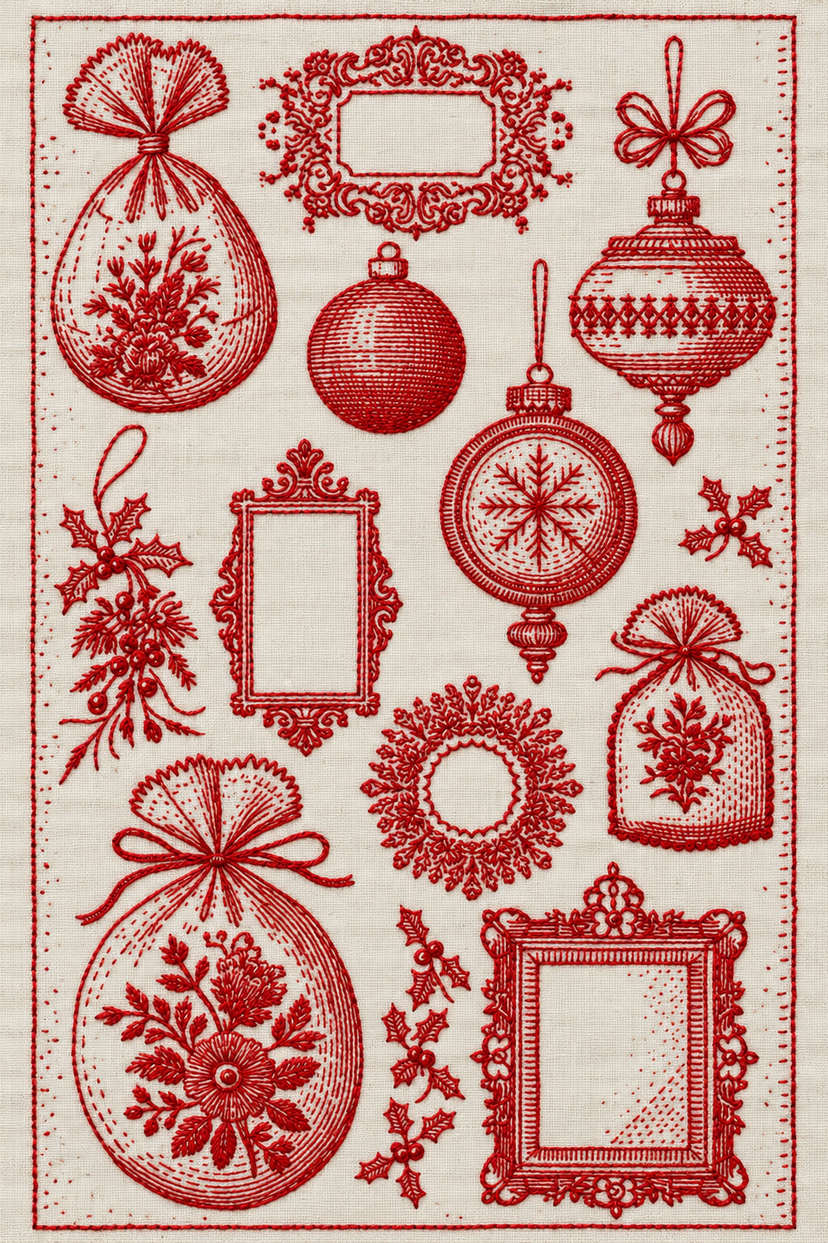 Monochrome red Christmas gift pouches, hanging ornaments, empty decorative frames, wreath and holly motifs embroidered on cream linen. Textile visualization from Christmas Embroidery Collection Edition 4, a digital PDF design book.