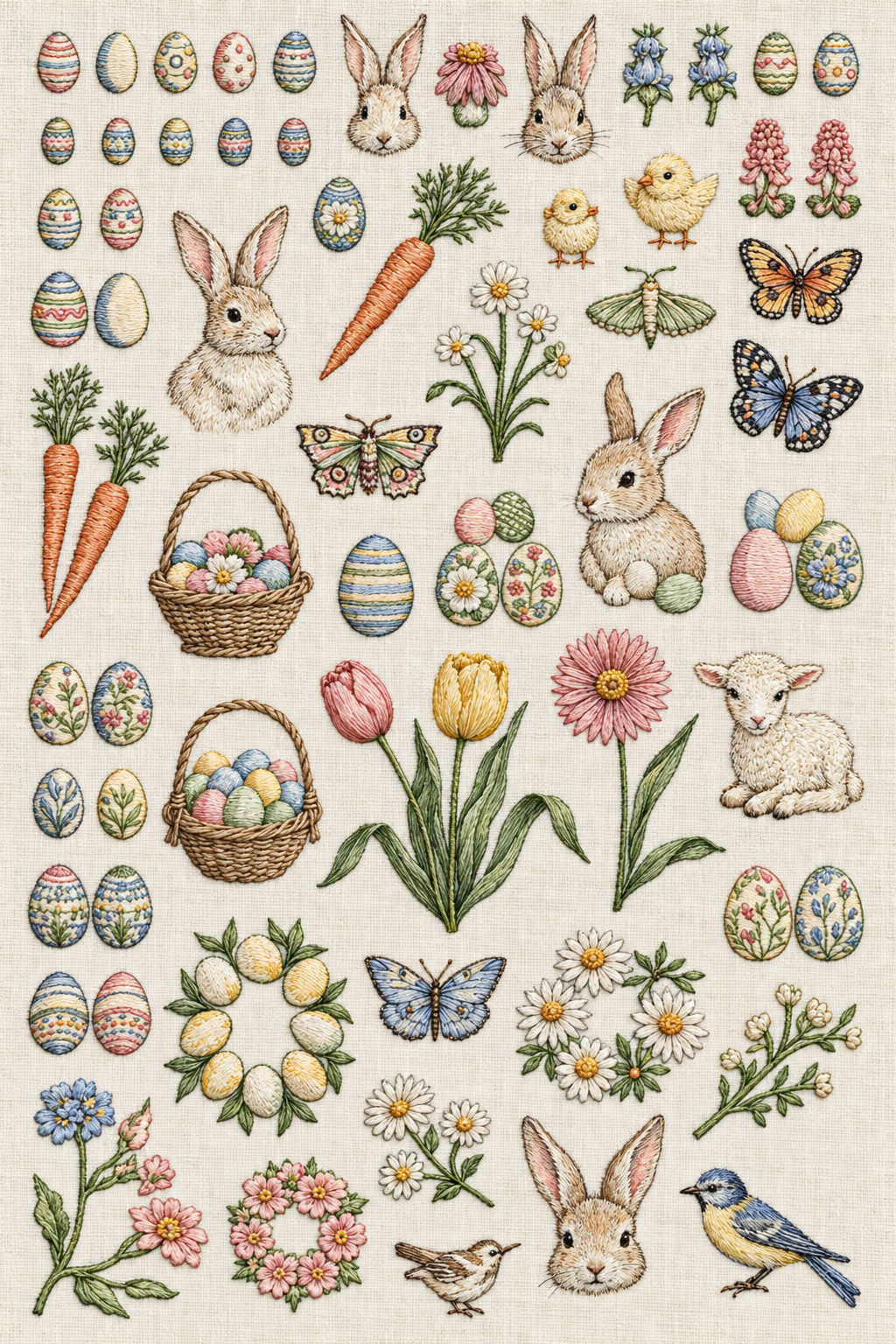 Fine spring embroidery library with five rabbit motifs, a lamb, chicks, carrots, baskets, decorated eggs, butterflies and floral wreaths. Textile visualization from Easter & Spring Embroidery Edition 1, a digital PDF design book.
