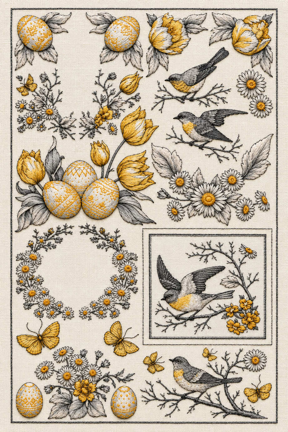 Gold, grey and ivory Easter sampler with four birds, decorated eggs, tulips, daisies, butterflies, a wreath and a rectangular bird frame. Textile visualization from Easter & Spring Embroidery Edition 2, a digital PDF design book.