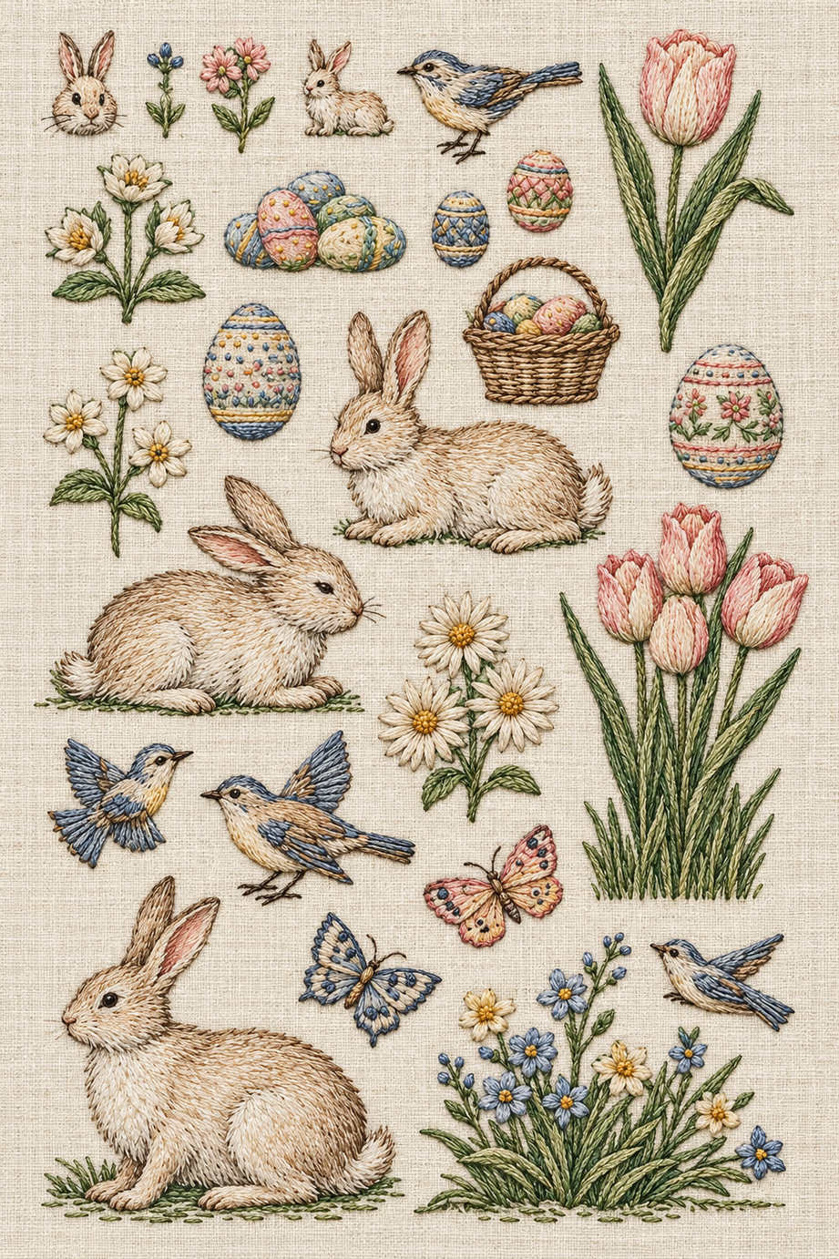 Five rabbit depictions and four birds with two butterflies, decorated eggs, tulips, daisies and a basket in fine spring embroidery. Textile visualization from Easter & Spring Embroidery Edition 3, a digital PDF design book.