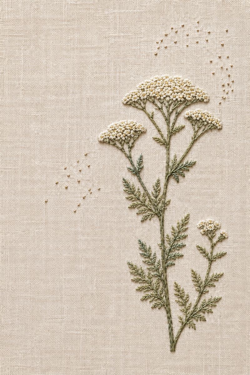 Embroidered textile interpretation of Study 02 — Yarrow Compass from Nordic Florals, Geometric Lines and Minimal Textile Motifs Studies, showing detailed botanical threadwork, linen texture, Nordic colour relationships and the final stitched version of the paired study.