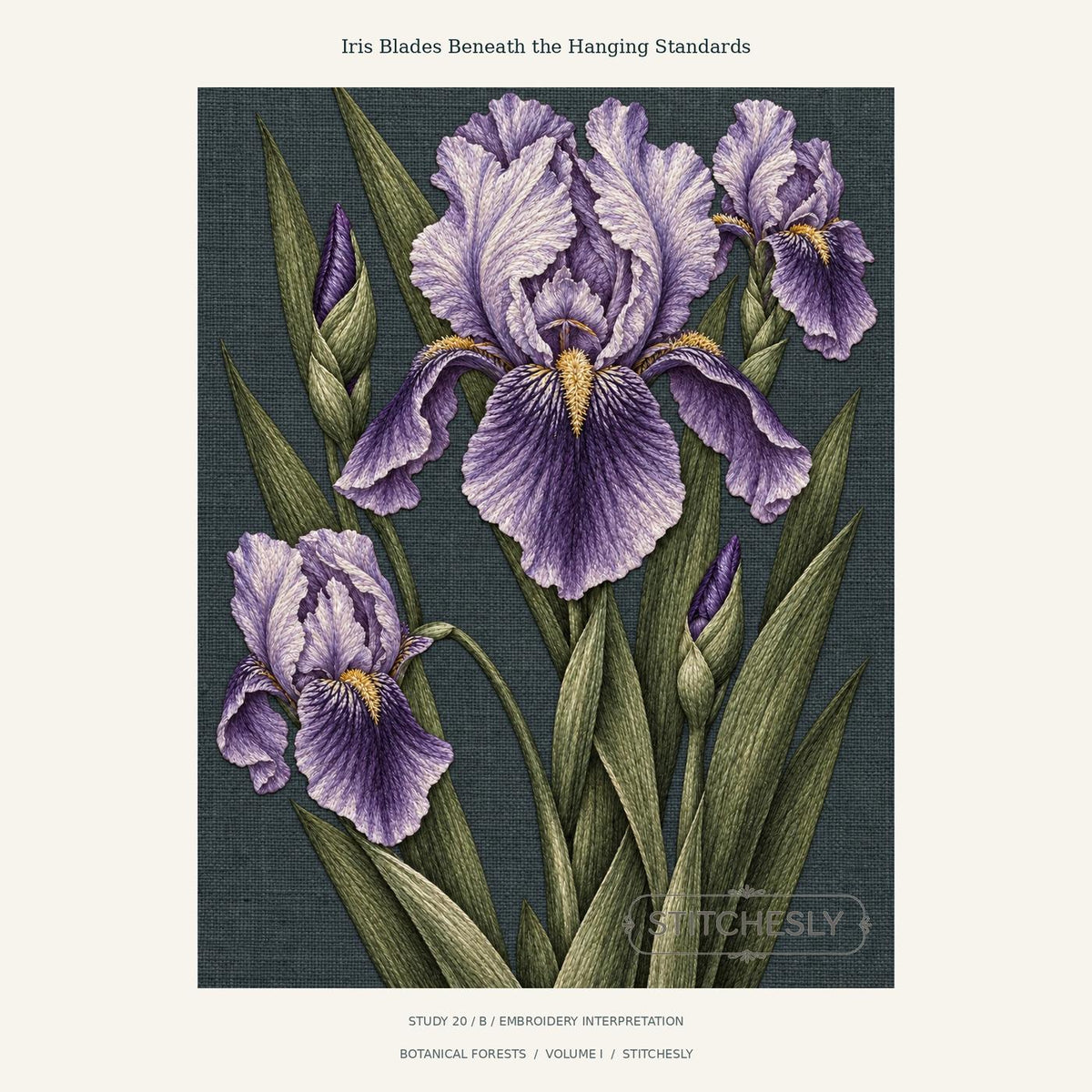 Purple iris blooms with yellow beards and tall green blades against dark teal cloth. Study 20 B from Botanical Forests, with Stitchesly preview watermark.