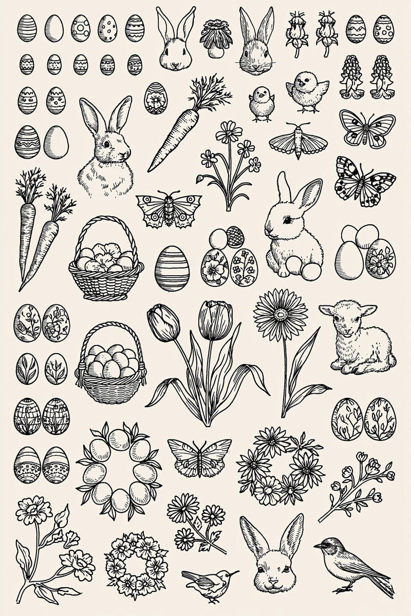 Original easter rabbit egg basket motif library design plate from Easter & Spring Embroidery Edition 1, a digital PDF embroidery design book.