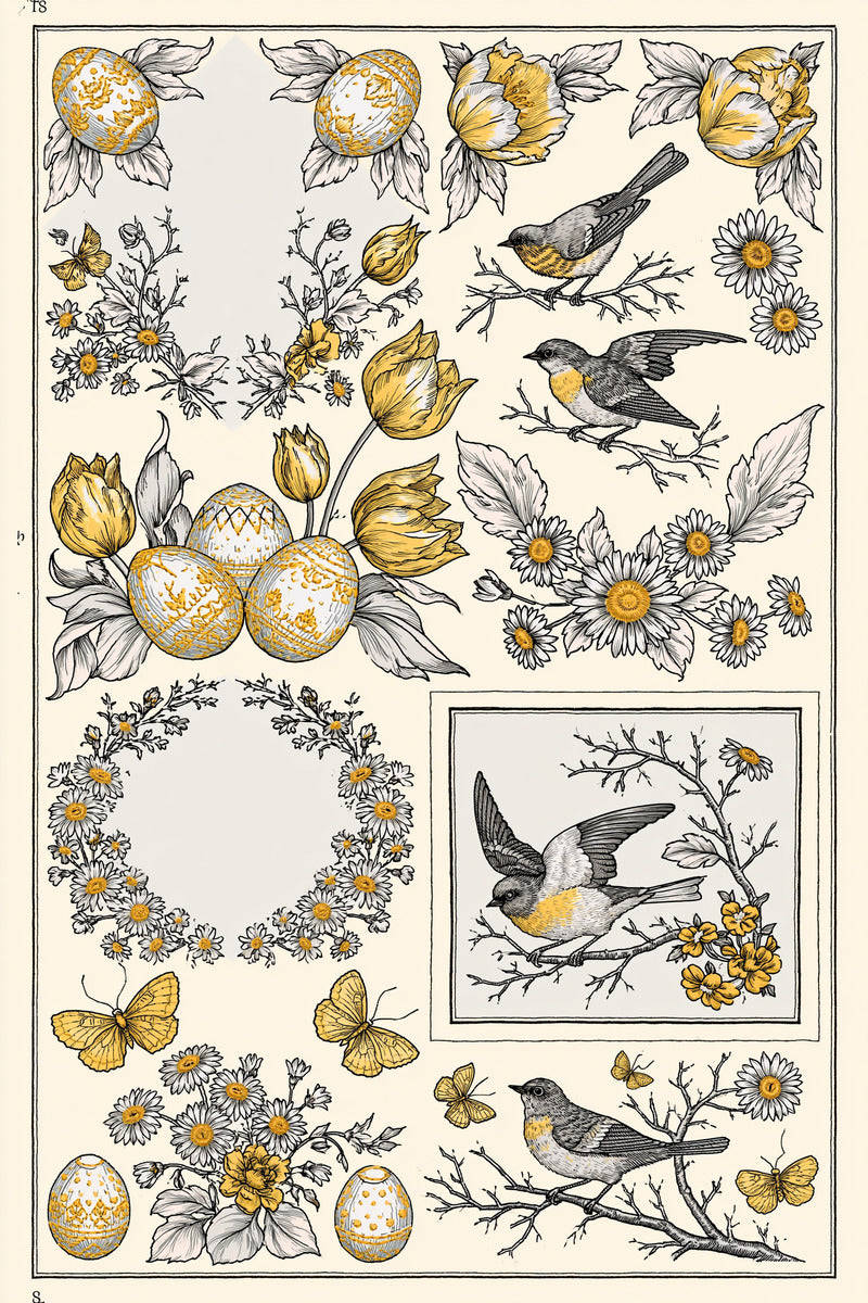 Original gold grey easter four bird sampler design plate from Easter & Spring Embroidery Edition 2, a digital PDF embroidery design book.