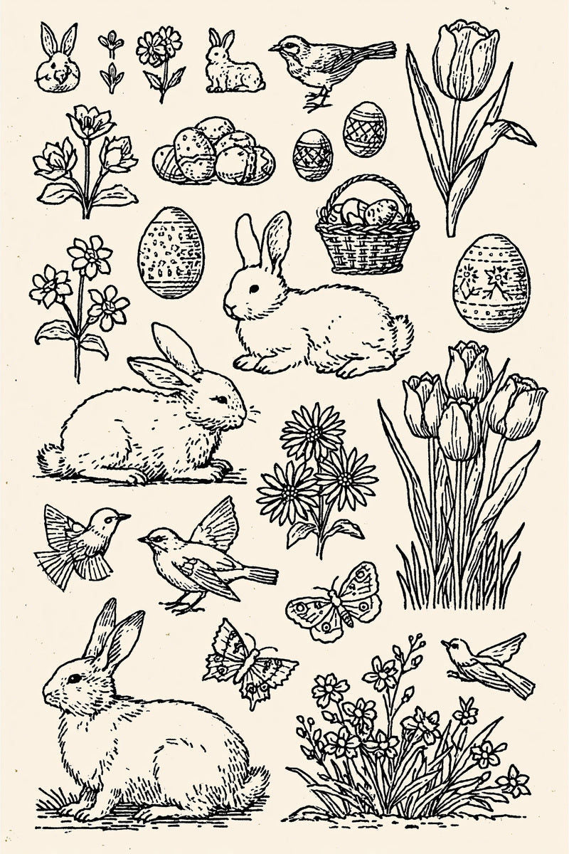Original five rabbit four bird spring library design plate from Easter & Spring Embroidery Edition 3, a digital PDF embroidery design book.