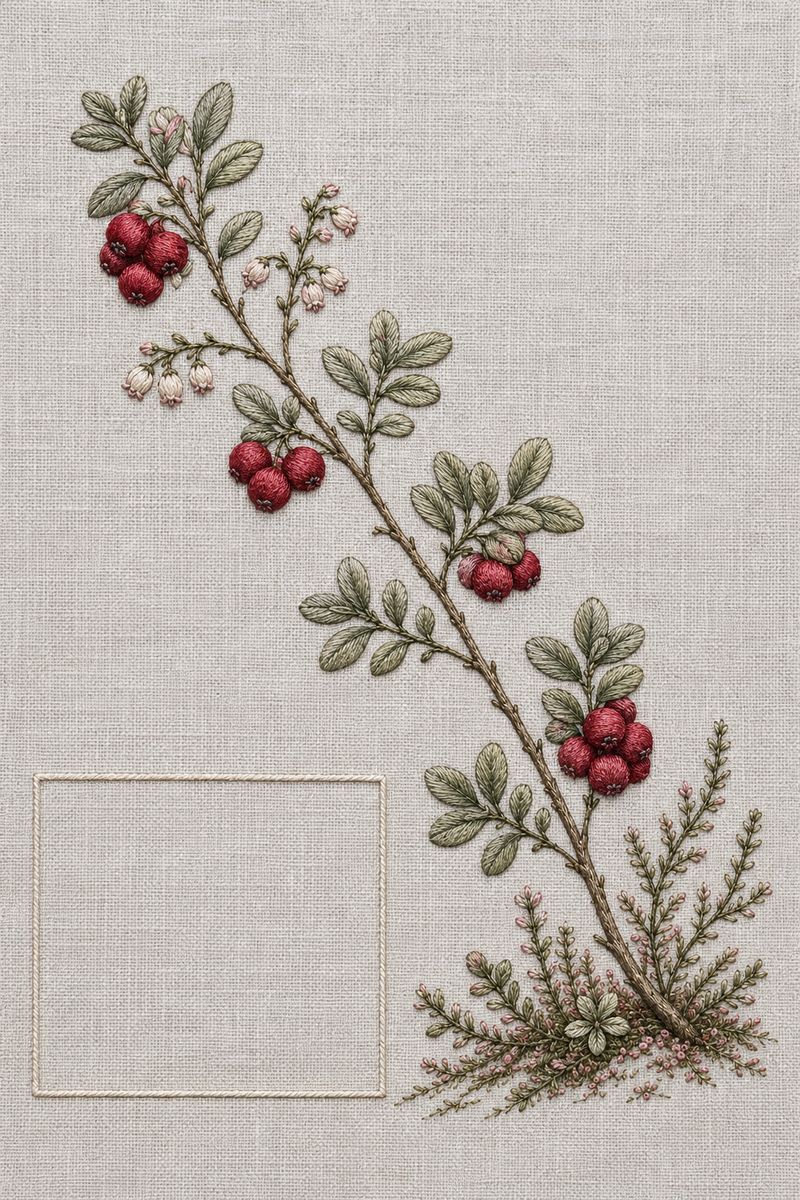 Embroidered textile interpretation of Study 03 — Lingonberry Thread from Nordic Florals, Geometric Lines and Minimal Textile Motifs Studies, showing detailed botanical threadwork, linen texture, Nordic colour relationships and the final stitched version of the paired study.
