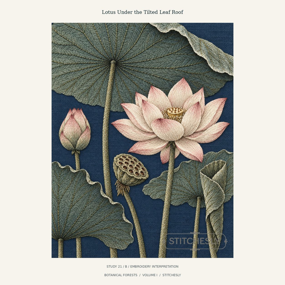 Pink lotus flowers, a seed pod and broad folded leaves against deep blue. Study 21 B from Botanical Forests, with Stitchesly preview watermark.