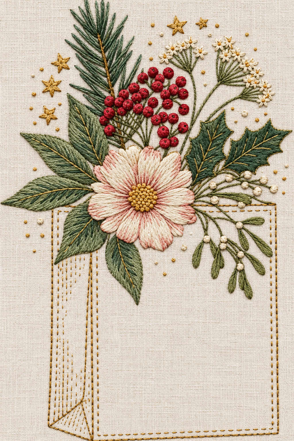 Winter floral bouquet with berries, pine, holly and mistletoe above a fine embroidered rectangular gift pouch outline on ivory linen. Textile visualization from Christmas Embroidery Collection Edition 4, a digital PDF design book.