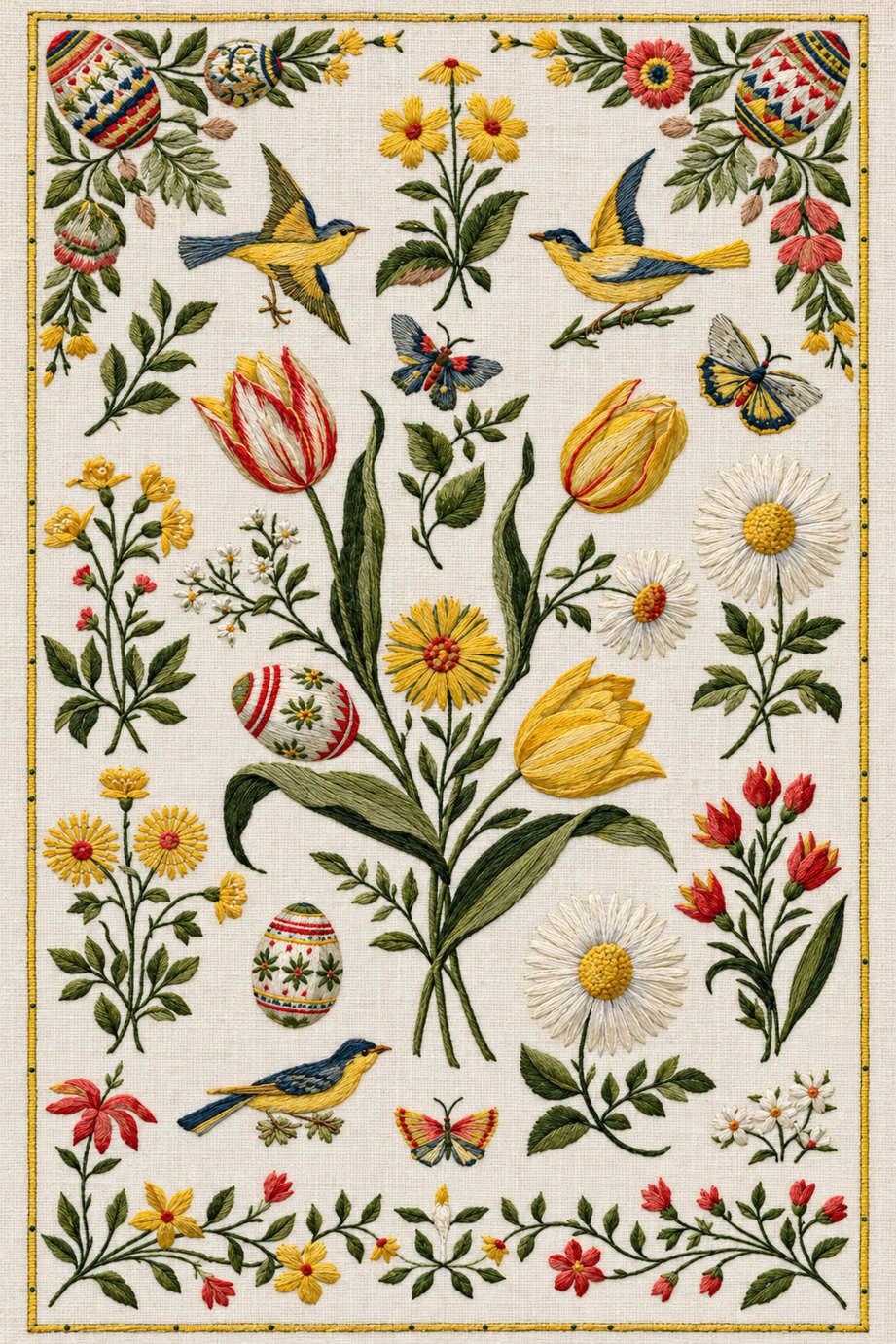 Fine colourful Easter embroidery library with three yellow-and-blue birds, three butterflies, decorated eggs, tulips, daisies and floral borders. Textile visualization from Easter & Spring Embroidery Edition 2, a digital PDF design book.
