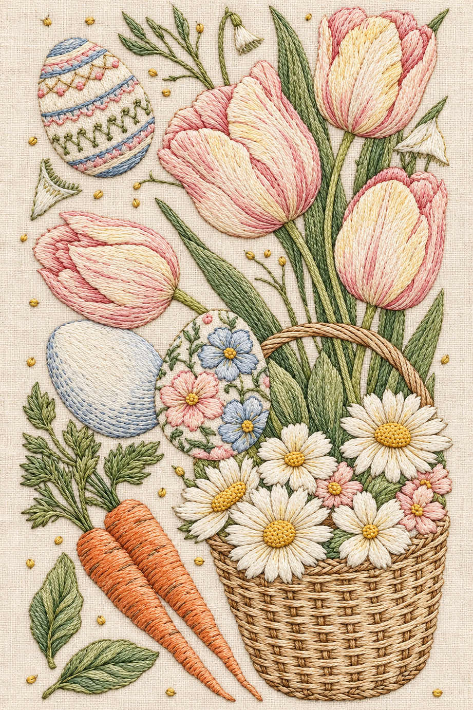 Four blush and ivory tulips with three eggs, two carrots and daisies in a finely embroidered spring flower basket. Textile visualization from Easter & Spring Embroidery Edition 3, a digital PDF design book.