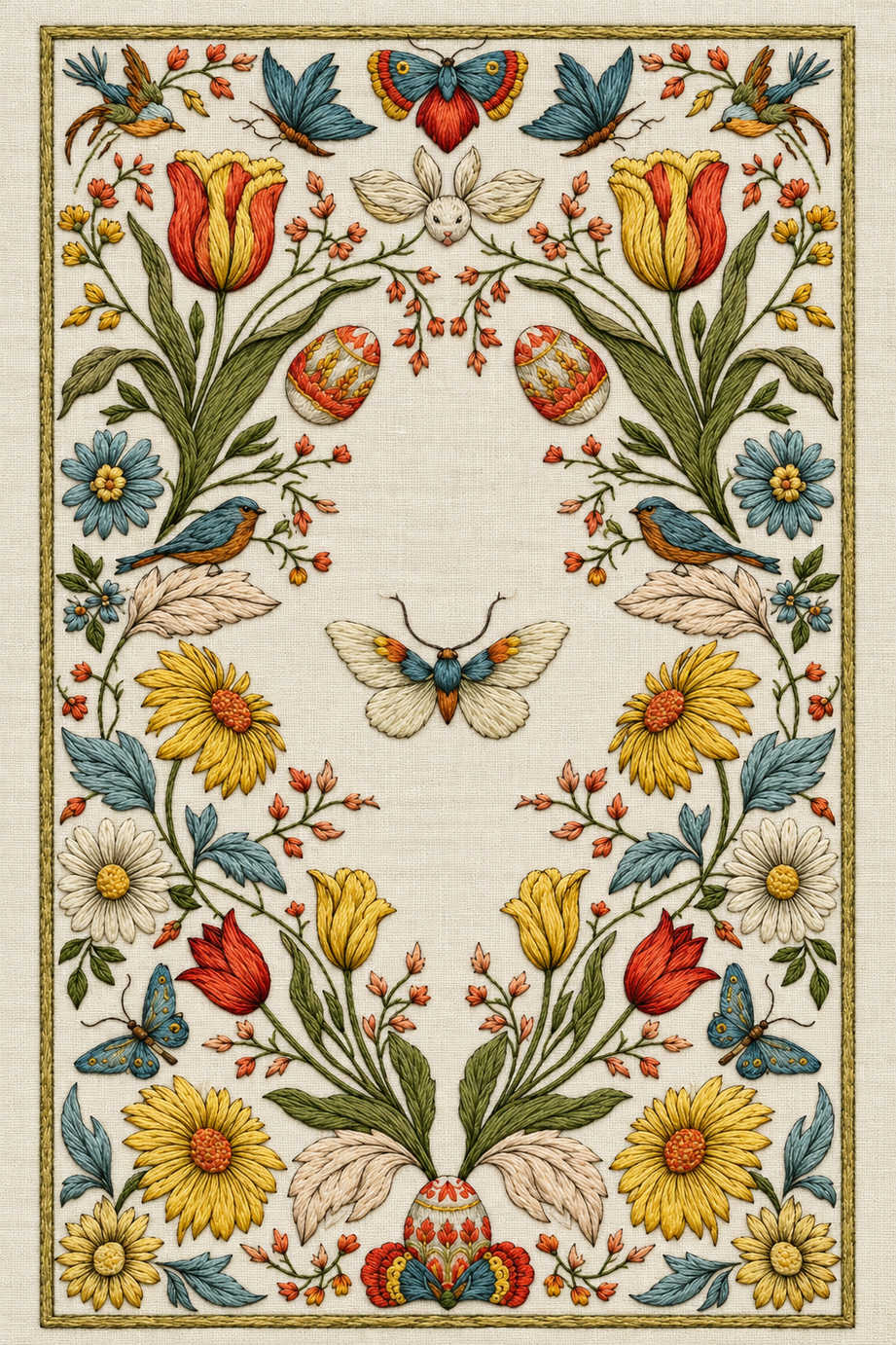 Symmetrical floral border in teal, gold, ivory and orange with birds, butterflies, tulips, decorated eggs and daisies around an open linen centre. Textile visualization from Easter & Spring Embroidery Edition 4, a digital PDF design book.