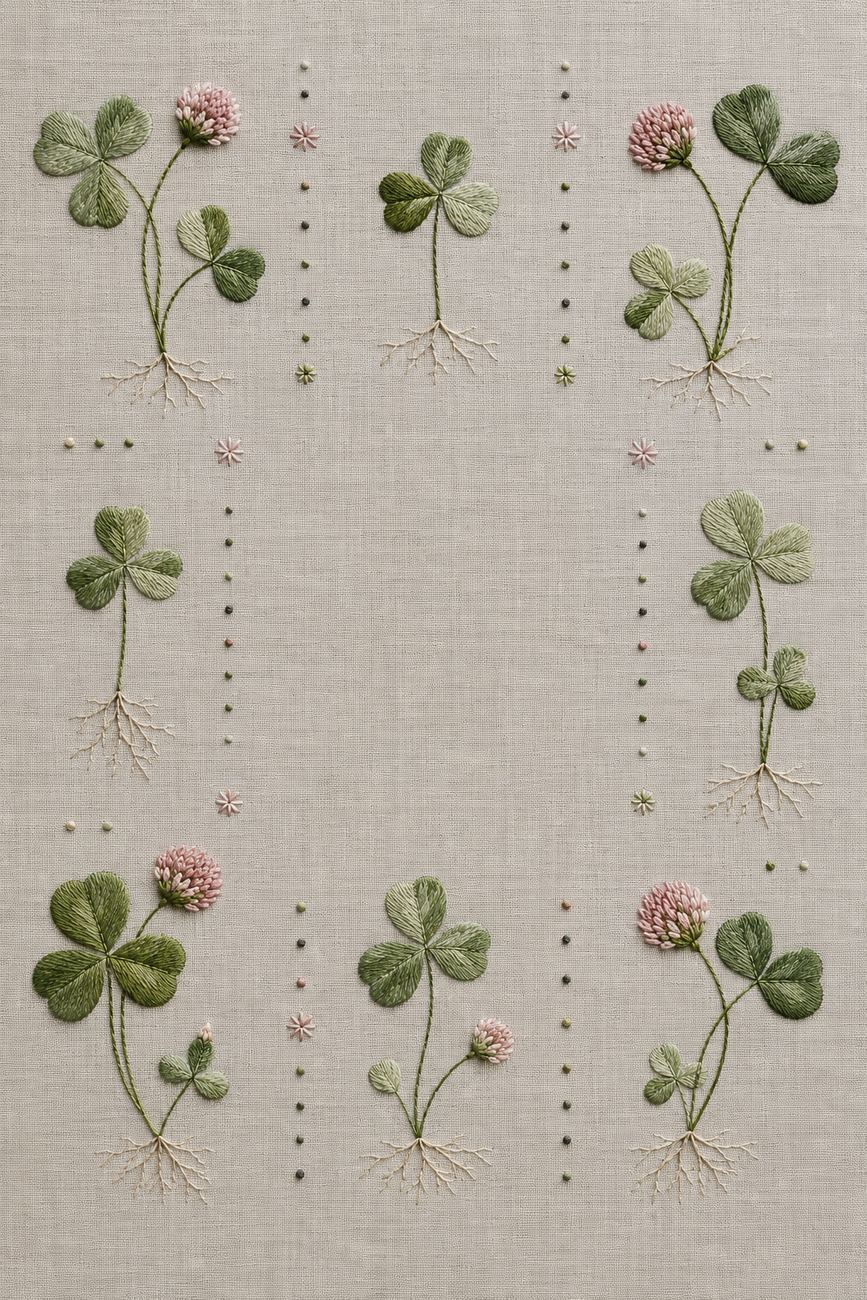 Embroidered textile interpretation of Study 04 — Clover Grid from Nordic Florals, Geometric Lines and Minimal Textile Motifs Studies, showing detailed botanical threadwork, linen texture, Nordic colour relationships and the final stitched version of the paired study.