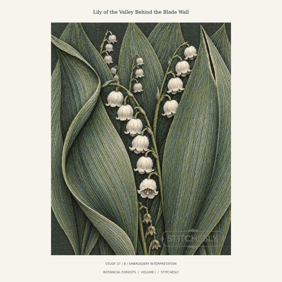 White lily-of-the-valley bells between tall green leaves with fine thread texture. Study 37 B from Botanical Forests, with Stitchesly preview watermark.