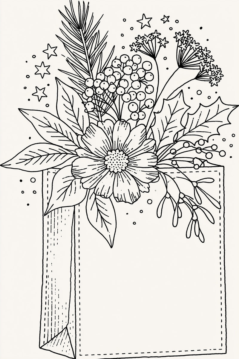 Original christmas floral gift pouch outline design plate from Christmas Embroidery Collection Edition 4, a digital PDF embroidery design book.