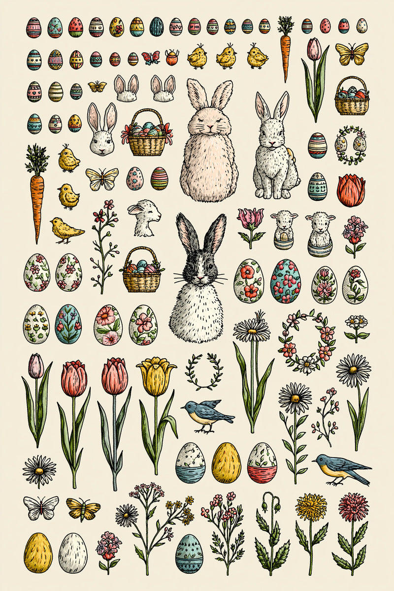 Original coloured easter rabbit lamb miniature library design plate from Easter & Spring Embroidery Edition 1, a digital PDF embroidery design book.