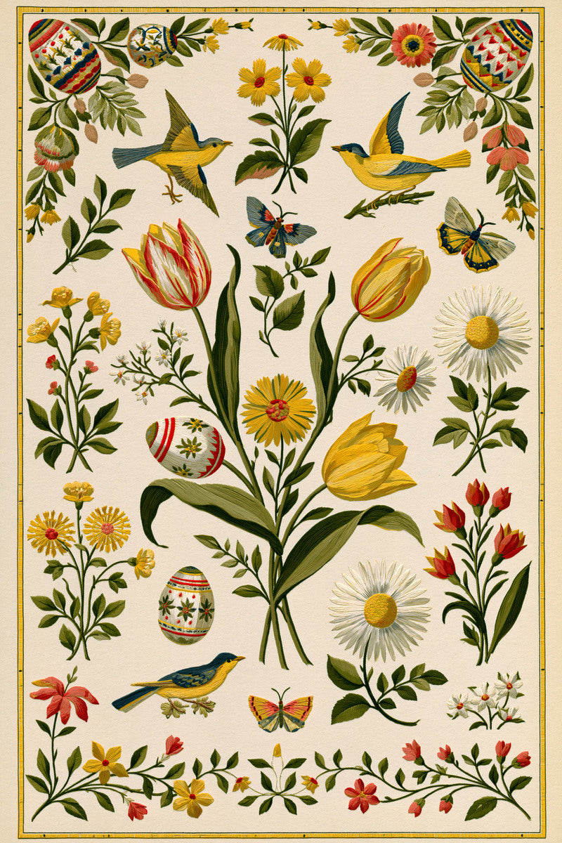 Original yellow blue bird tulip egg library design plate from Easter & Spring Embroidery Edition 2, a digital PDF embroidery design book.