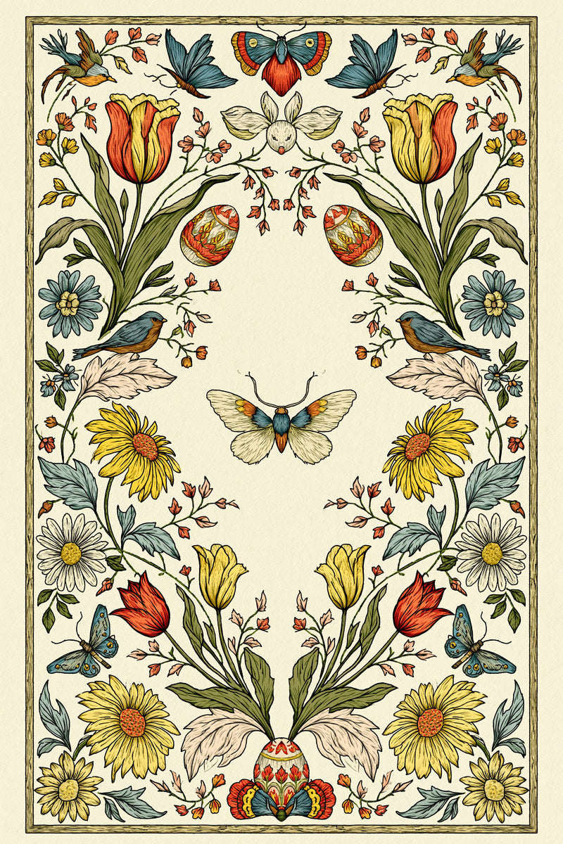 Original symmetrical bird butterfly tulip floral border design plate from Easter & Spring Embroidery Edition 4, a digital PDF embroidery design book.