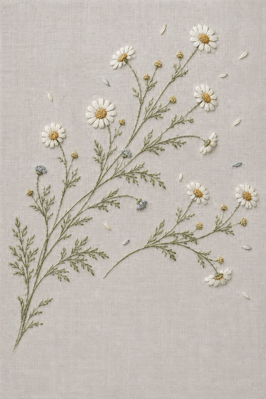 Embroidered textile interpretation of Study 05 — Wild Chamomile Drift from Nordic Florals, Geometric Lines and Minimal Textile Motifs Studies, showing detailed botanical threadwork, linen texture, Nordic colour relationships and the final stitched version of the paired study.