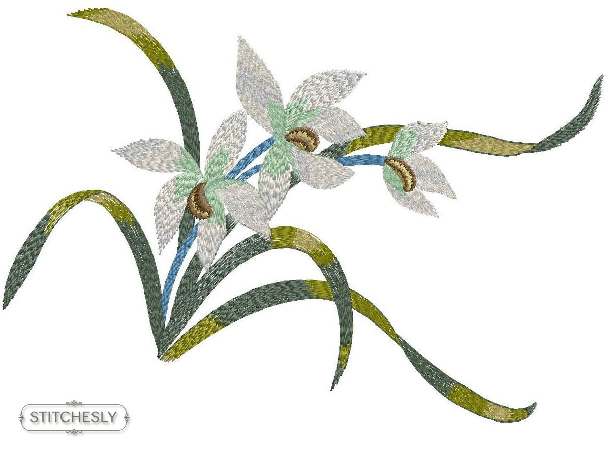 Detail view of Orchid Stem Floral machine embroidery design