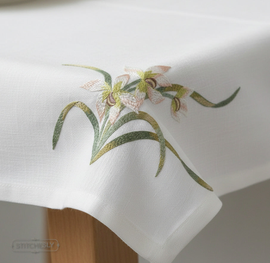 Detail view of Orchid Stem Floral machine embroidery design
