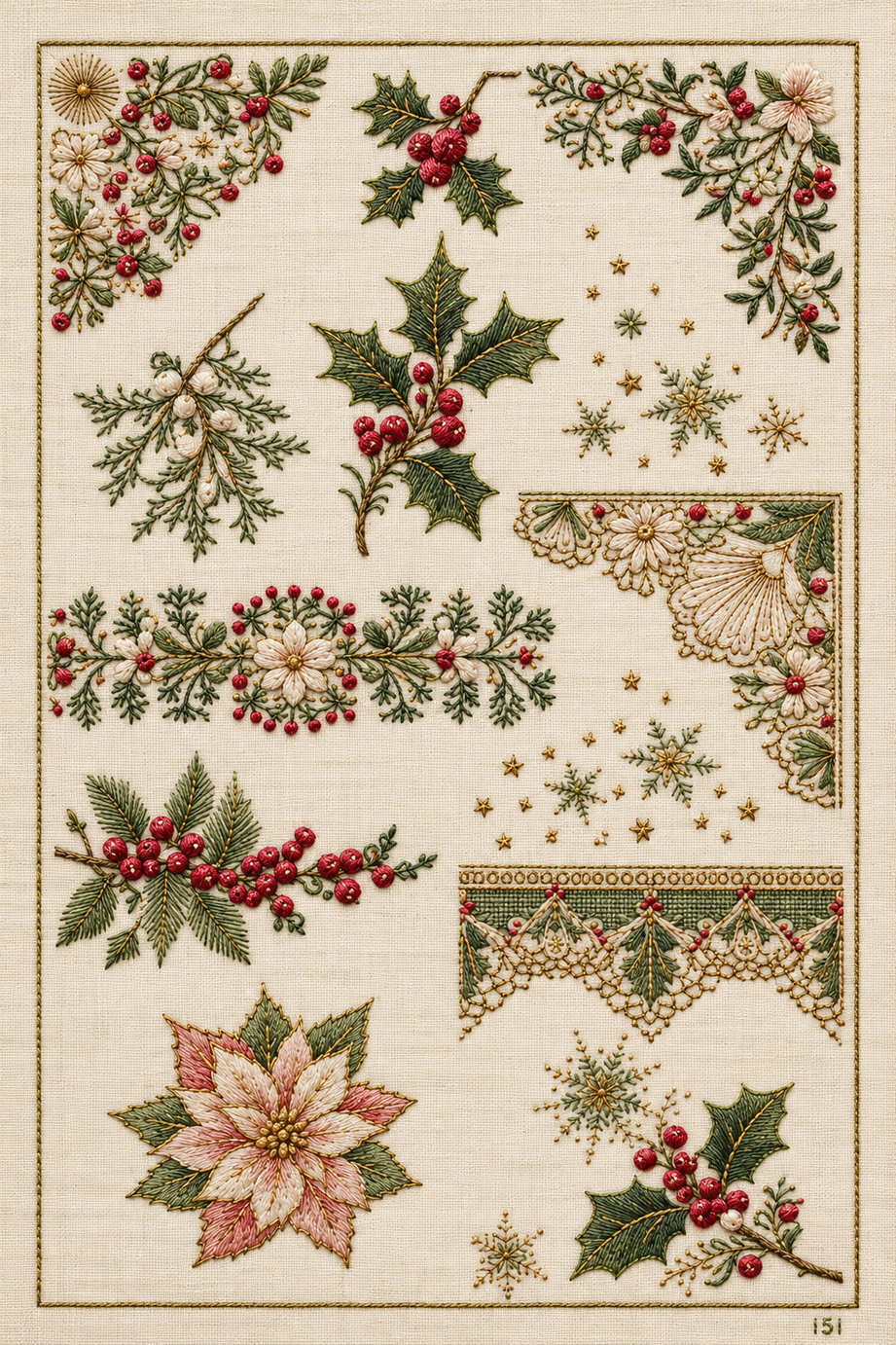 Christmas linen placement sampler with botanical corners, holly, mistletoe, snowflakes, floral bands and lace-style embroidered edges. Textile visualization from Christmas Embroidery Collection Edition 4, a digital PDF design book.
