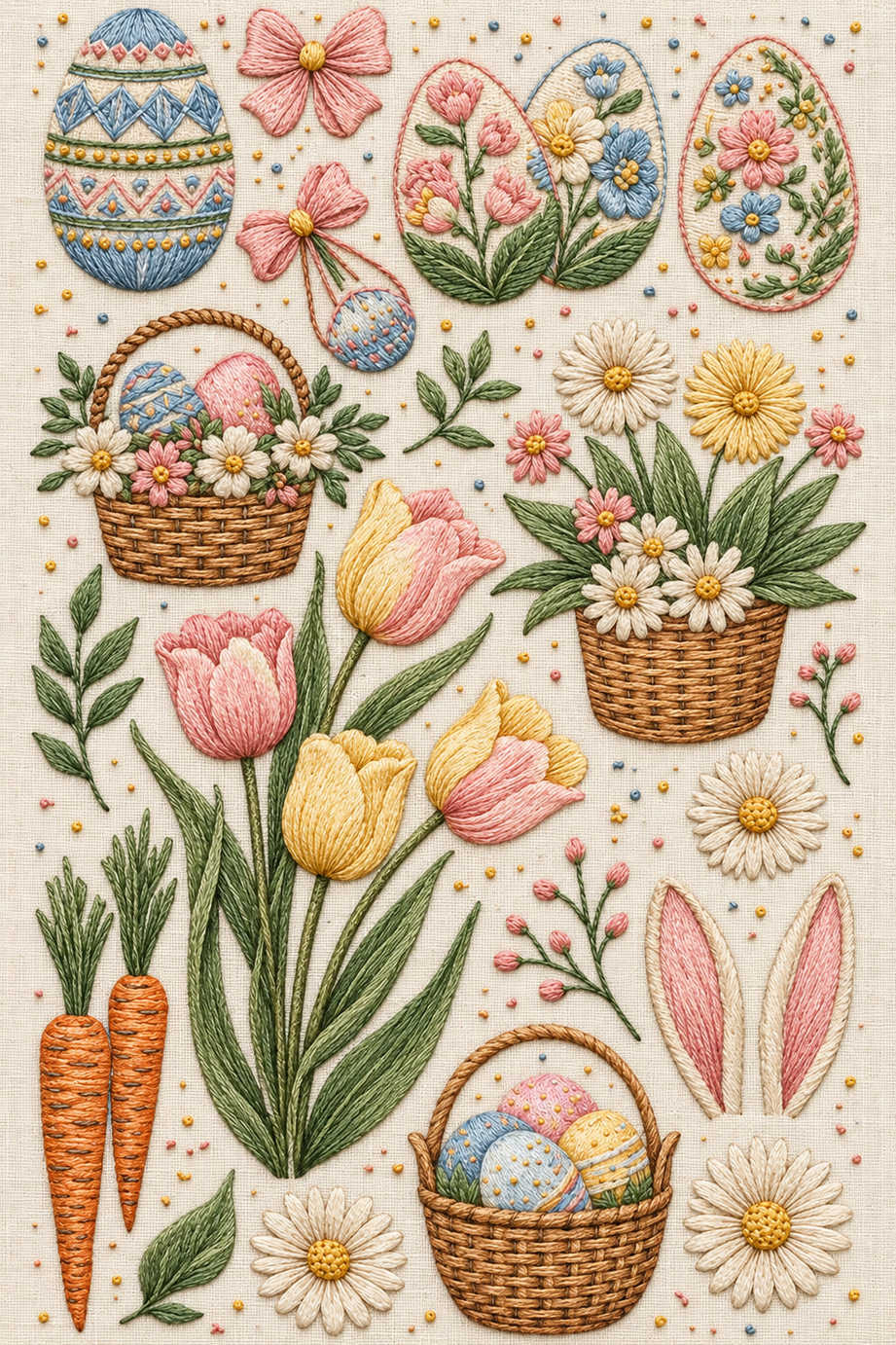 Pastel Easter sampler with four large decorated eggs, four tulips, daisies, carrots, rabbit ears and egg baskets embroidered on ivory linen. Textile visualization from Easter & Spring Embroidery Edition 1, a digital PDF design book.