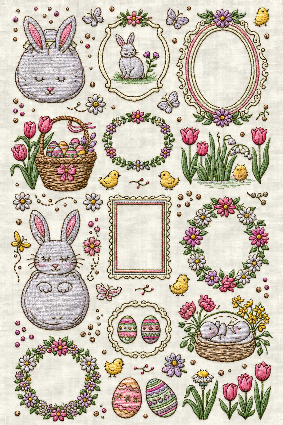 Colour-preserving Easter embroidery library with four lavender rabbits, six chicks, butterflies, baskets, decorated eggs, floral wreaths and empty frames. Textile visualization from Easter & Spring Embroidery Edition 2, a digital PDF design book.