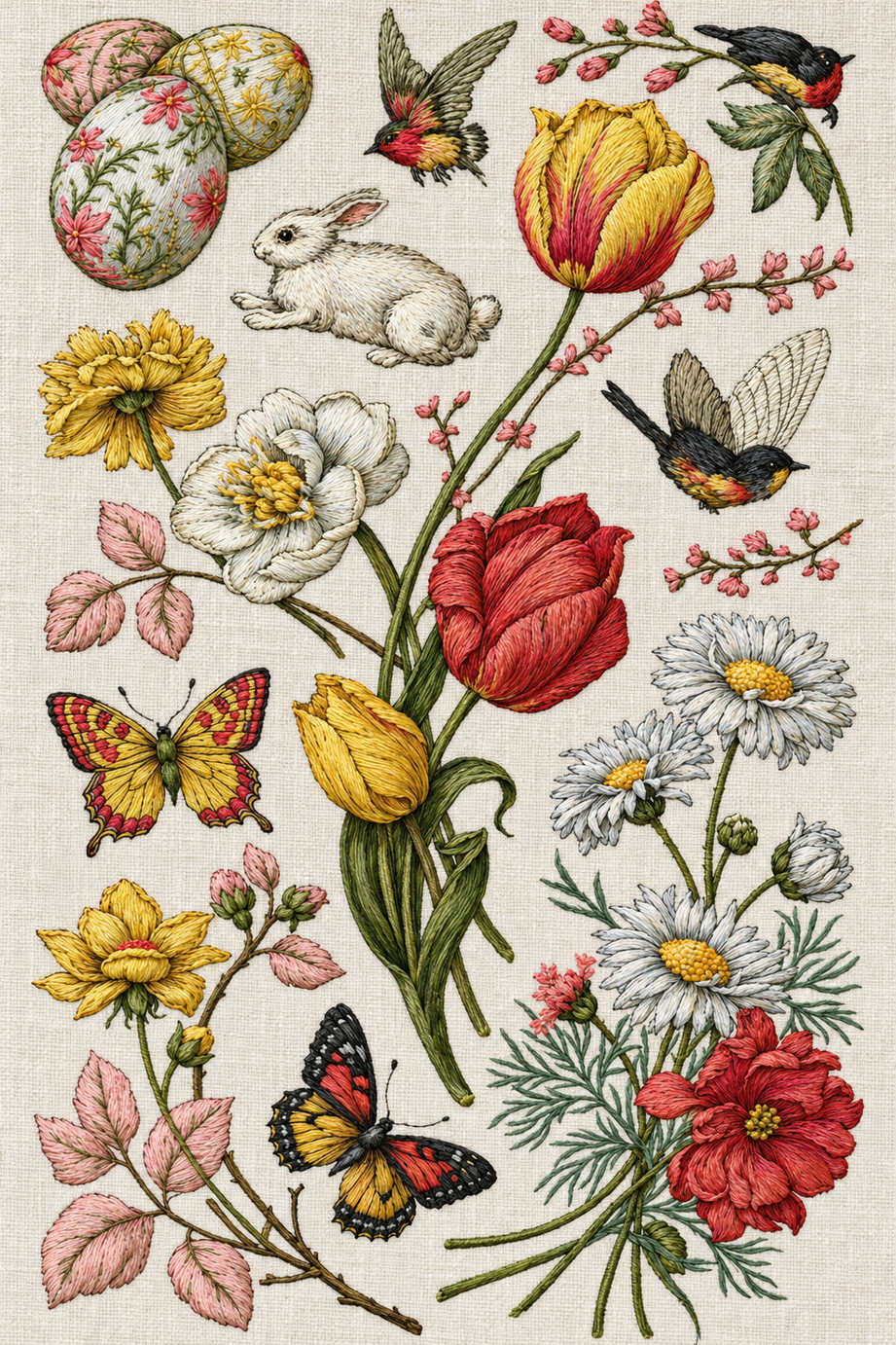 Colour-preserving spring embroidery study with three black-red-yellow birds, one ivory rabbit, two butterflies, decorated eggs, red and yellow flowers and pink leaves. Textile visualization from Easter & Spring Embroidery Edition 3, a digital PDF design book.