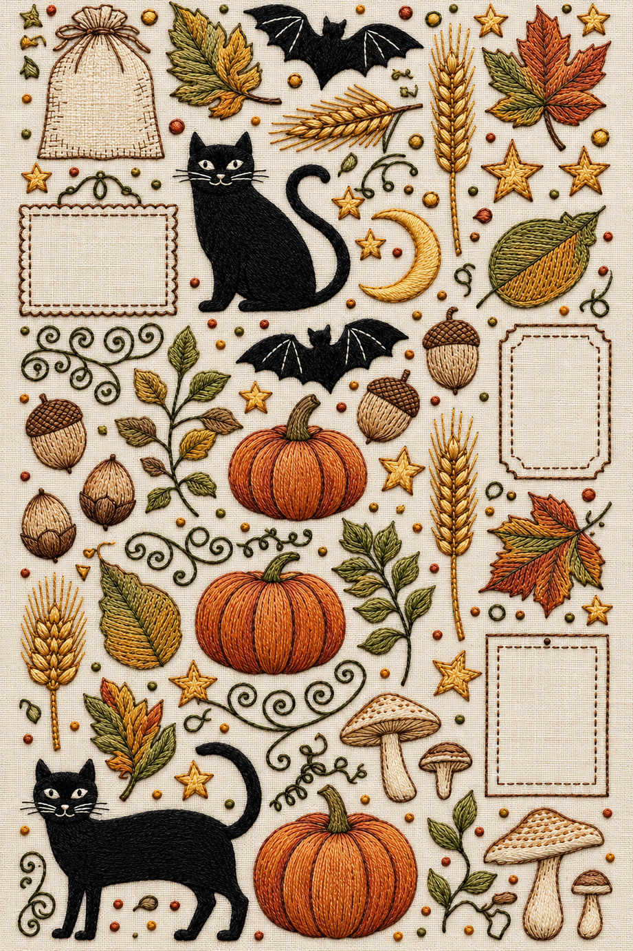 Small Halloween motif library with two black cats, two bats, three pumpkins, blank labels, acorns, wheat, mushrooms, leaves and scattered tiny symbols. Textile visualization from Halloween & Autumn Embroidery Edition 1, a digital PDF design book.