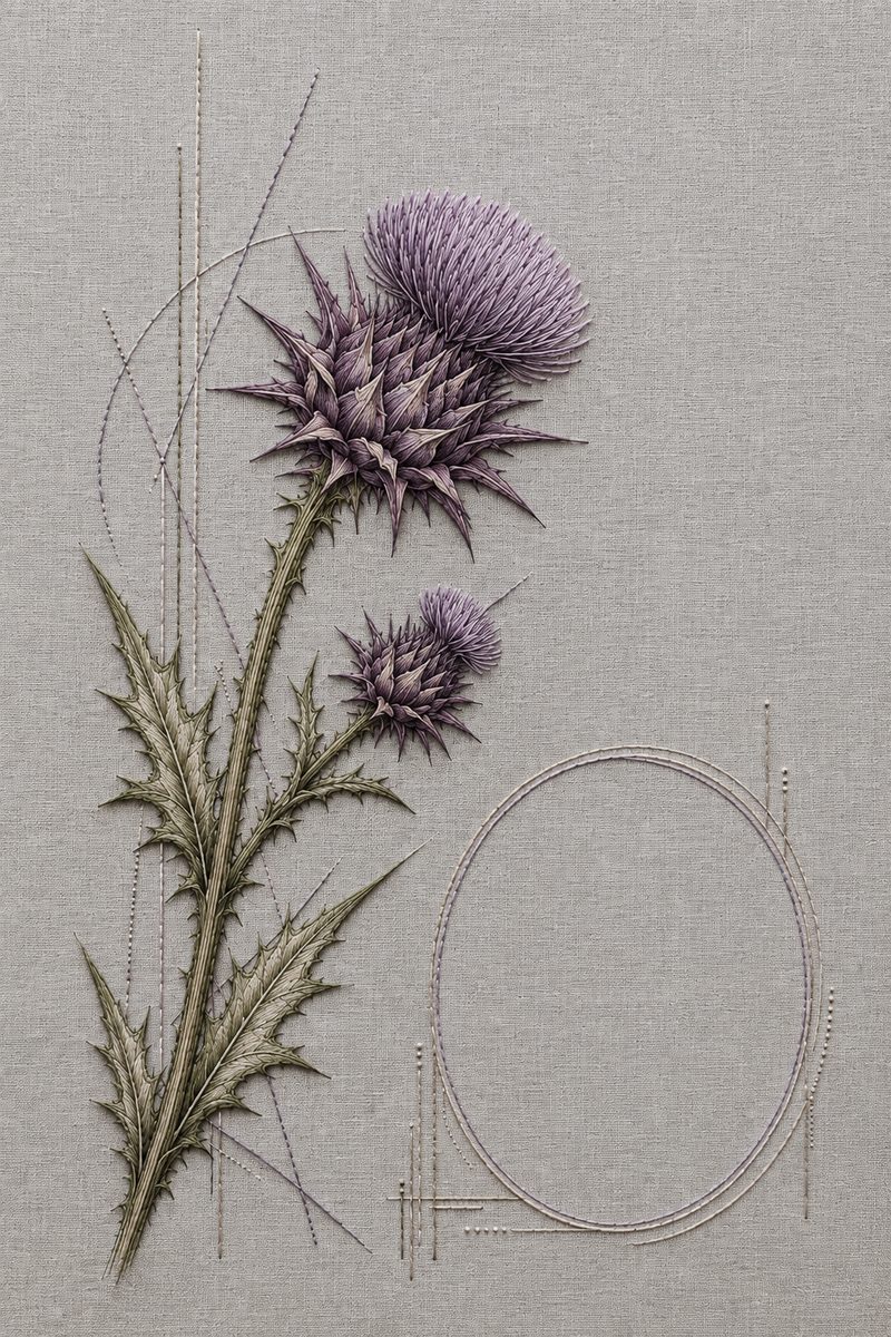 Embroidered textile interpretation of Study 06 — Thistle Geometry from Nordic Florals, Geometric Lines and Minimal Textile Motifs Studies, showing detailed botanical threadwork, linen texture, Nordic colour relationships and the final stitched version of the paired study.