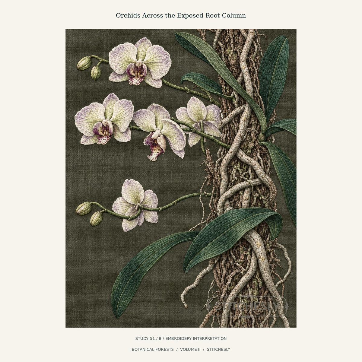 Pale orchids with pink centres beside long green leaves and exposed winding roots. Study 51 B from Botanical Forests, with Stitchesly preview watermark.