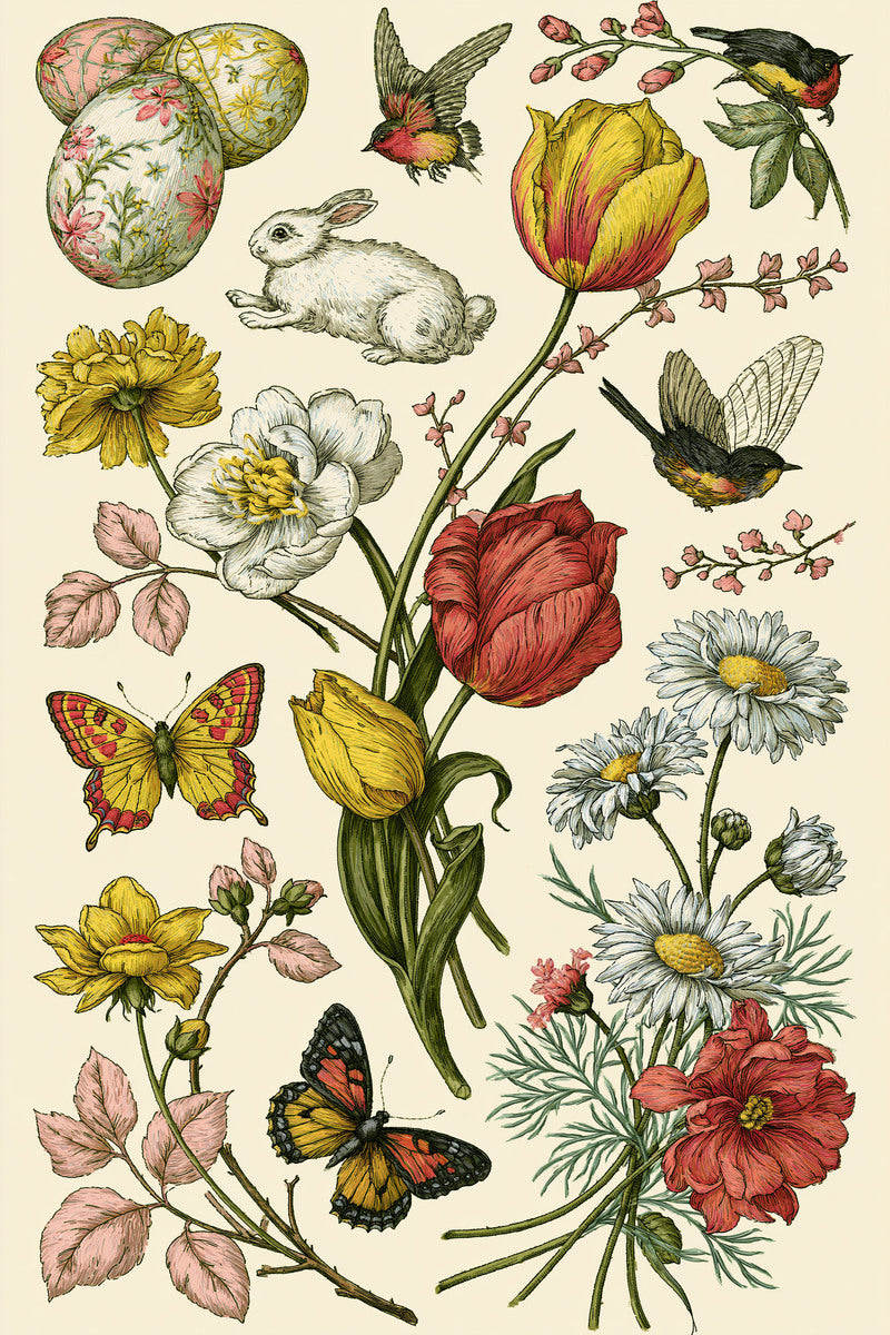 Original red yellow bird tulip botanical study design plate from Easter & Spring Embroidery Edition 3, a digital PDF embroidery design book.