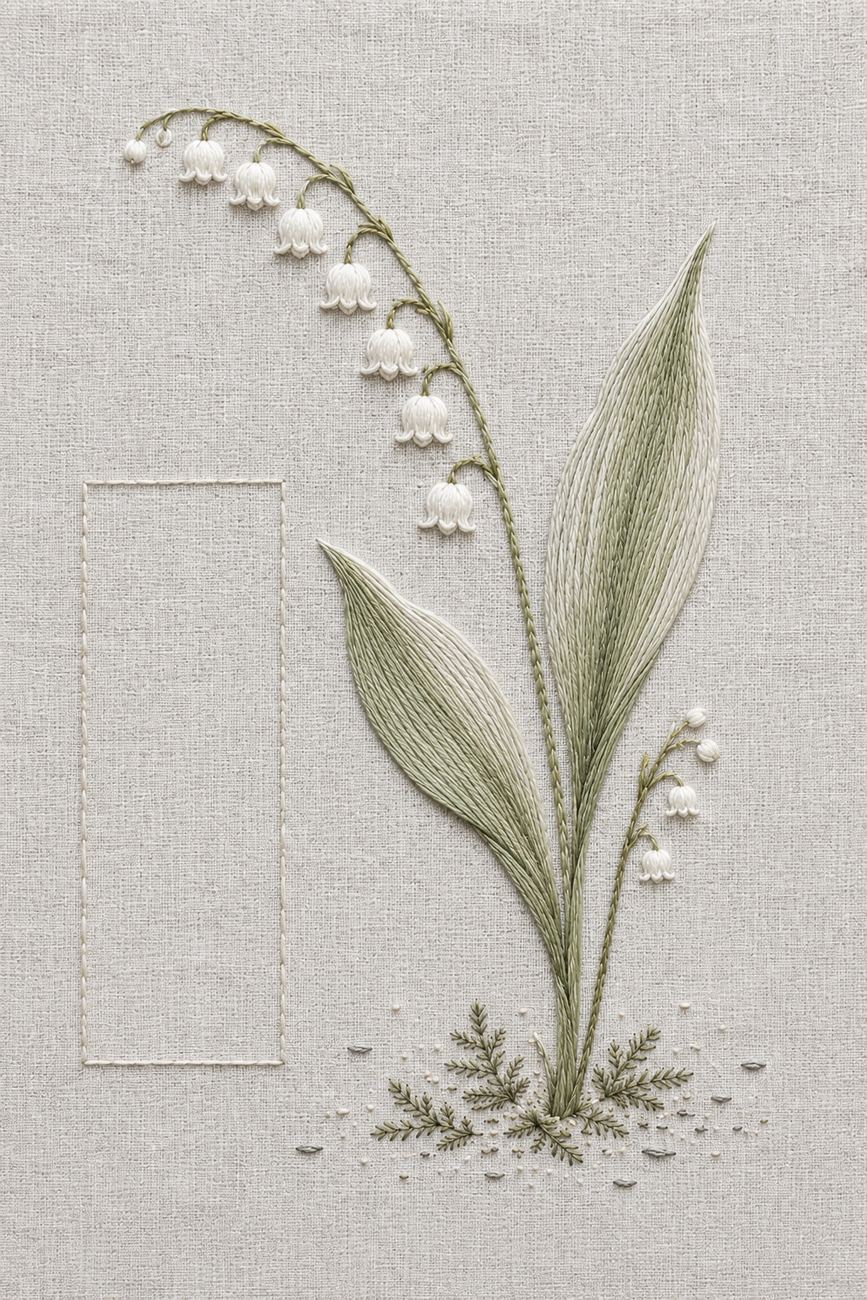 Embroidered textile interpretation of Study 07 — Lily of the Valley Rhythm from Nordic Florals, Geometric Lines and Minimal Textile Motifs Studies, showing detailed botanical threadwork, linen texture, Nordic colour relationships and the final stitched version of the paired study.
