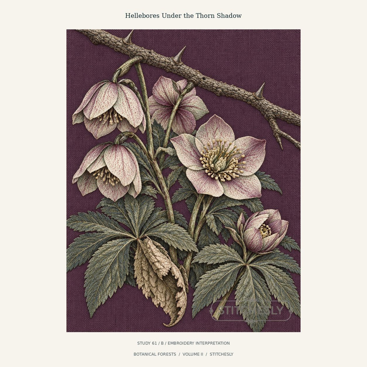 Muted pink and ivory hellebores beneath a thorny branch on a plum ground. Study 61 B from Botanical Forests, with Stitchesly preview watermark.