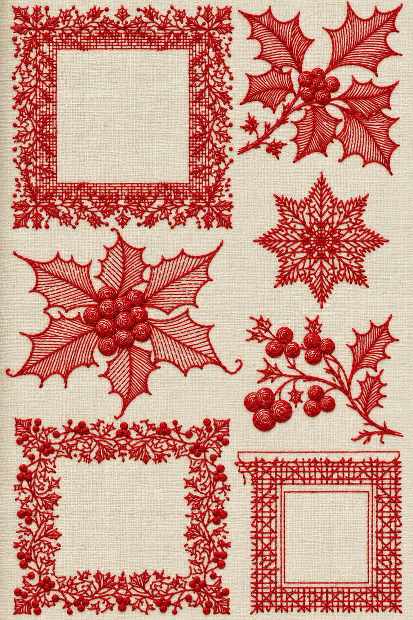 Fine monochrome red holly frames, berry sprigs and a snowflake embroidered on cream linen, preserving the original sampler layout. Textile visualization from Christmas Embroidery Collection Edition 4, a digital PDF design book.