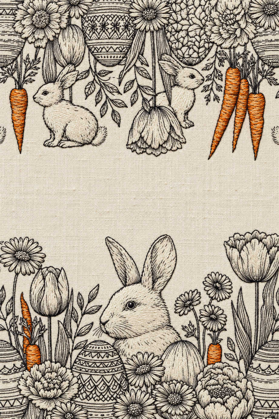 Charcoal and orange Easter embroidery border with rabbits, decorated eggs, flowers and carrots surrounding a broad open linen centre. Textile visualization from Easter & Spring Embroidery Edition 1, a digital PDF design book.