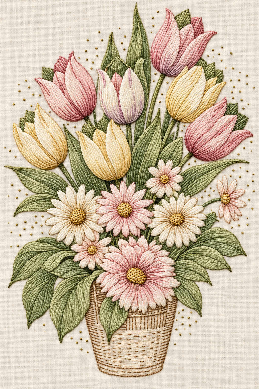 Seven tulips and seven daisy-like flowers with sage leaves in a tall finely embroidered basket bouquet on ivory linen. Textile visualization from Easter & Spring Embroidery Edition 2, a digital PDF design book.