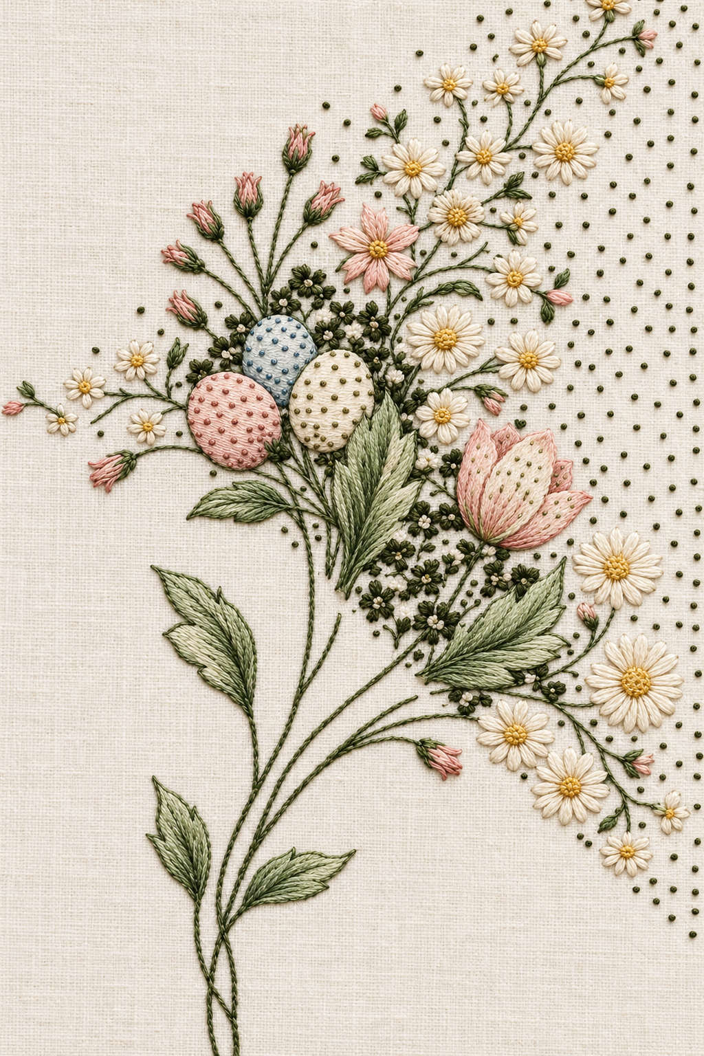 Asymmetrical spring floral corner with three spotted eggs, one open tulip, daisies, fine leaves and a field of tiny seed stitches. Textile visualization from Easter & Spring Embroidery Edition 4, a digital PDF design book.