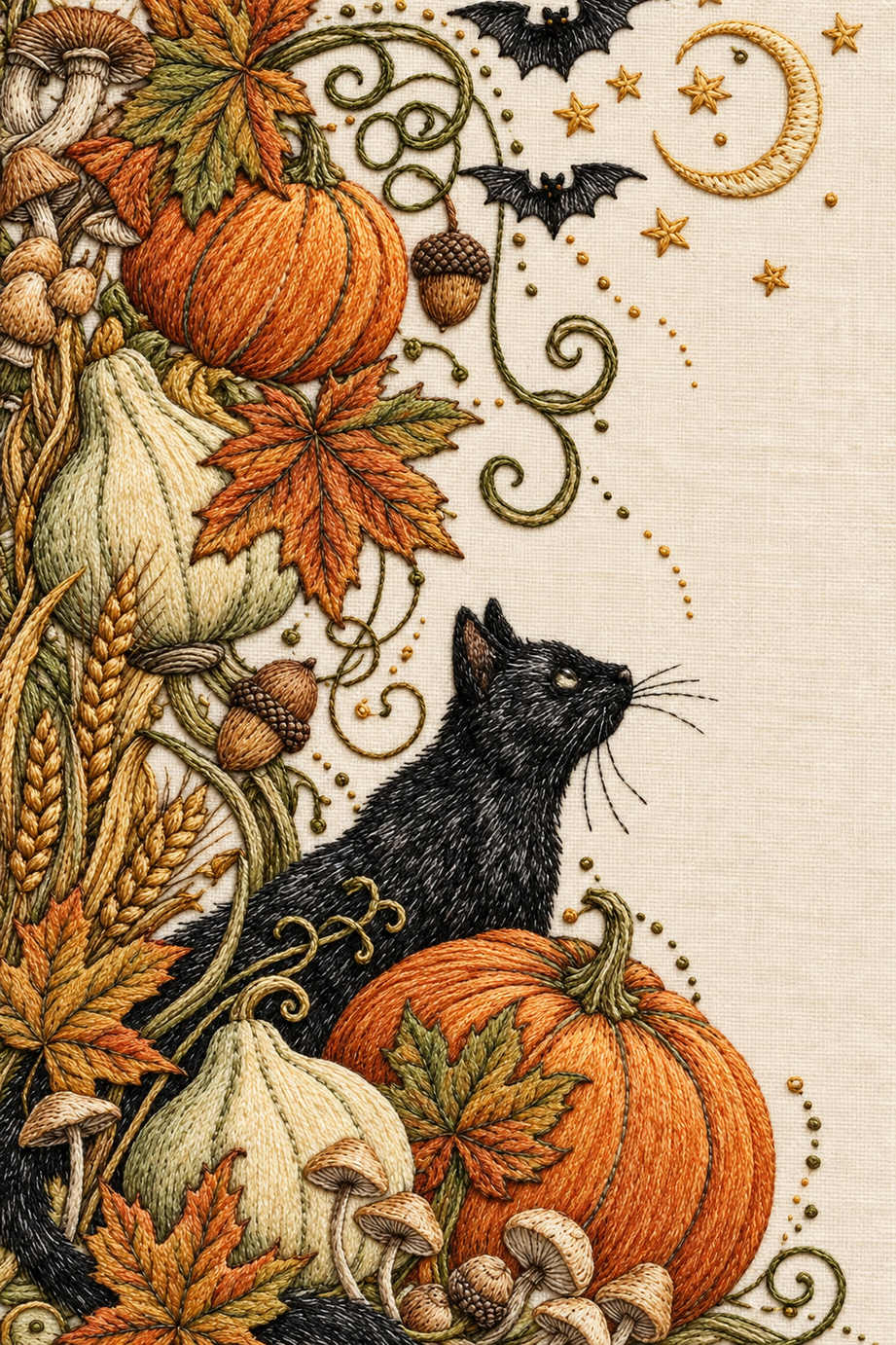 Black cat in upward-looking profile among pumpkins, gourds, mushrooms, autumn leaves, bats, a crescent moon and stars in a dense embroidered corner. Textile visualization from Halloween & Autumn Embroidery Edition 1, a digital PDF design book.