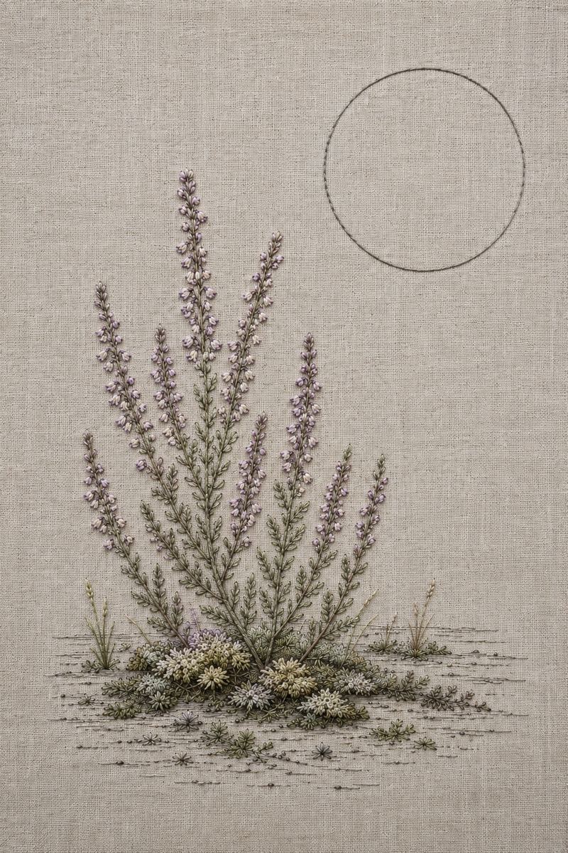 Embroidered textile interpretation of Study 08 — Heather and Quiet Moss from Nordic Florals, Geometric Lines and Minimal Textile Motifs Studies, showing detailed botanical threadwork, linen texture, Nordic colour relationships and the final stitched version of the paired study.