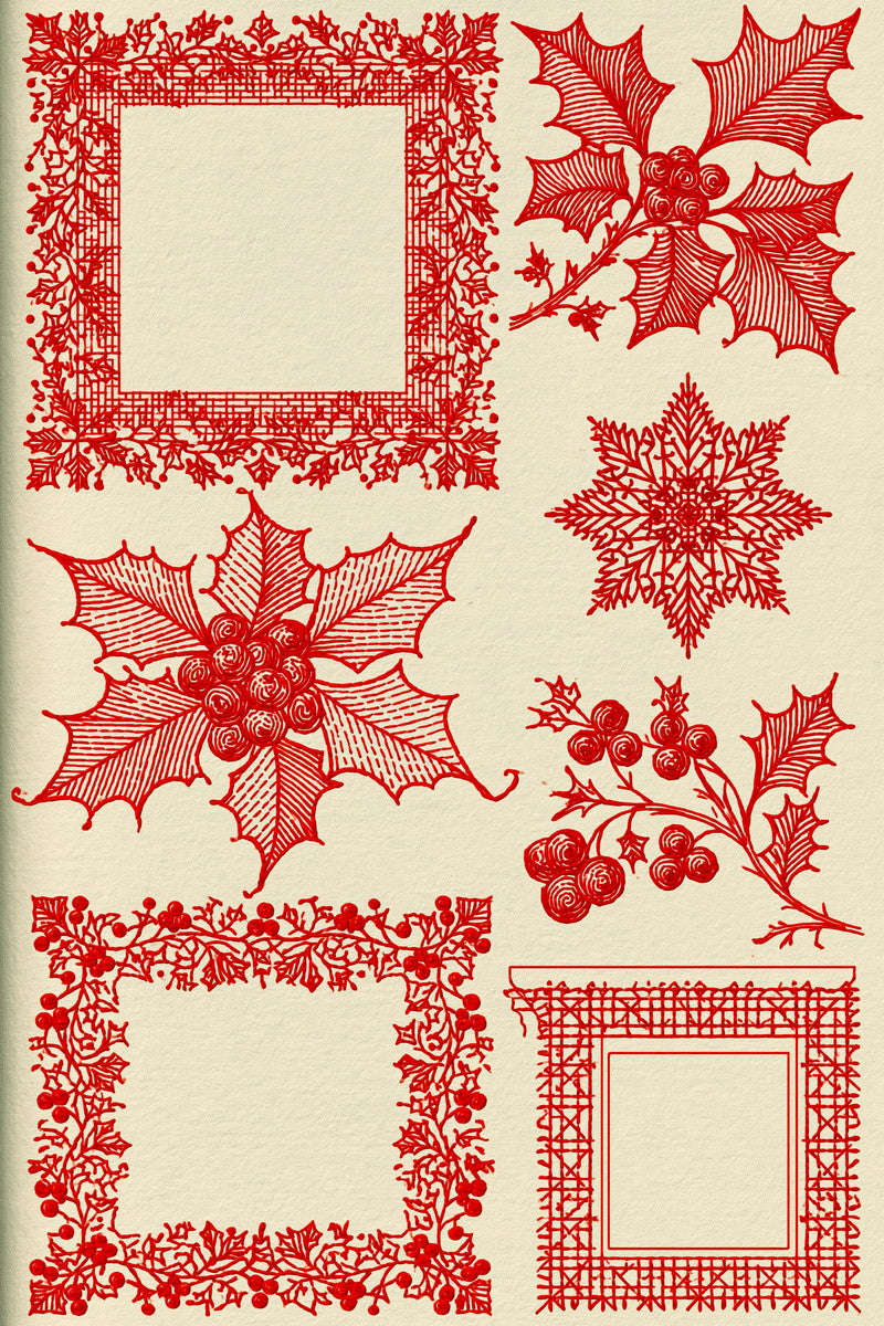 Original red holly frame corner sampler design plate from Christmas Embroidery Collection Edition 4, a digital PDF embroidery design book.