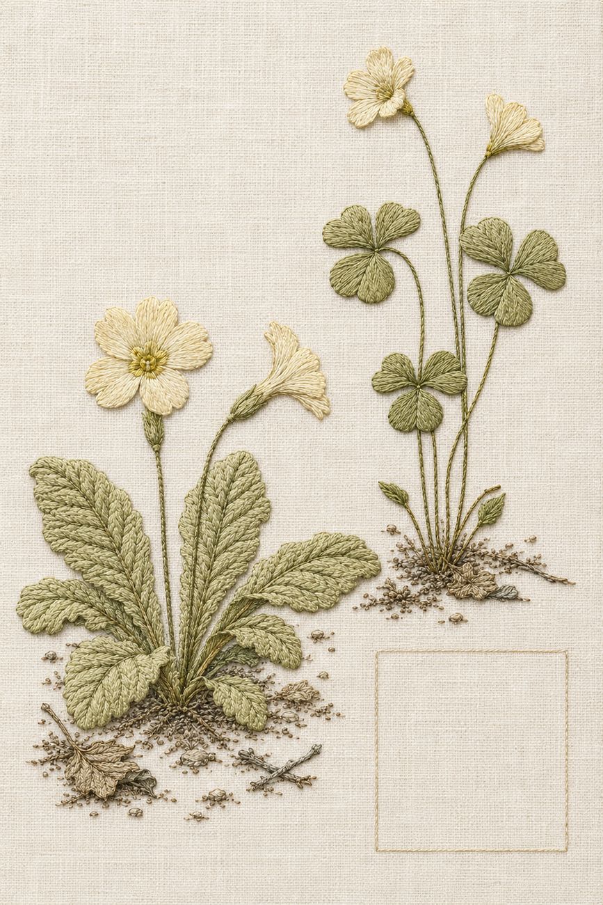 Embroidered textile interpretation of Study 09 — Primrose and Wood Sorrel from Nordic Florals, Geometric Lines and Minimal Textile Motifs Studies, showing detailed botanical threadwork, linen texture, Nordic colour relationships and the final stitched version of the paired study.