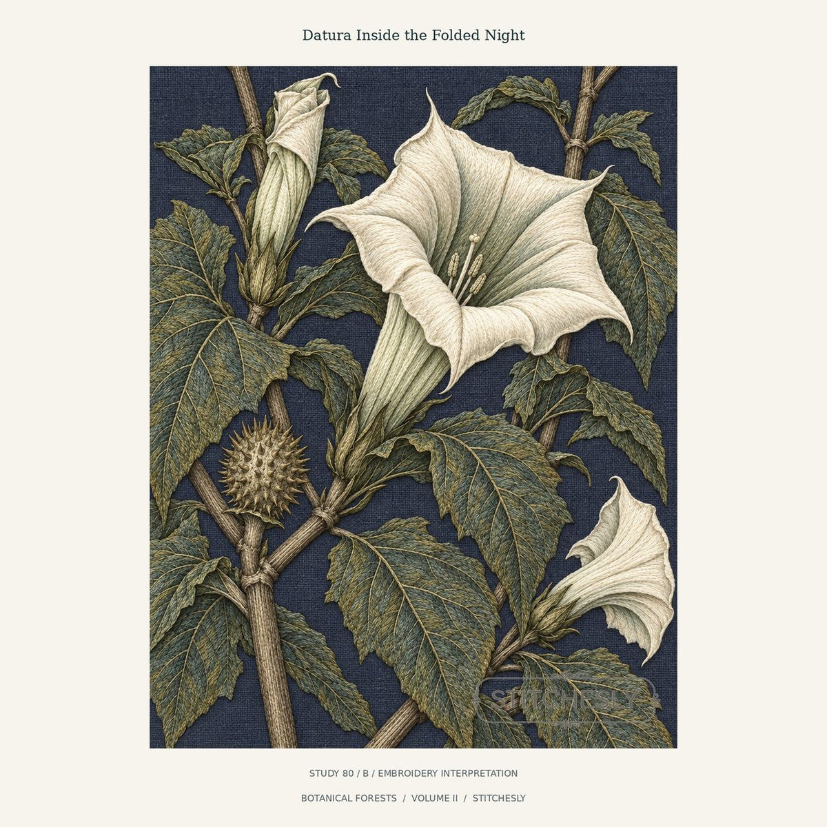 Ivory trumpet-shaped datura flowers, spiny seed pods and green leaves on deep blue. Study 80 B from Botanical Forests, with Stitchesly preview watermark.