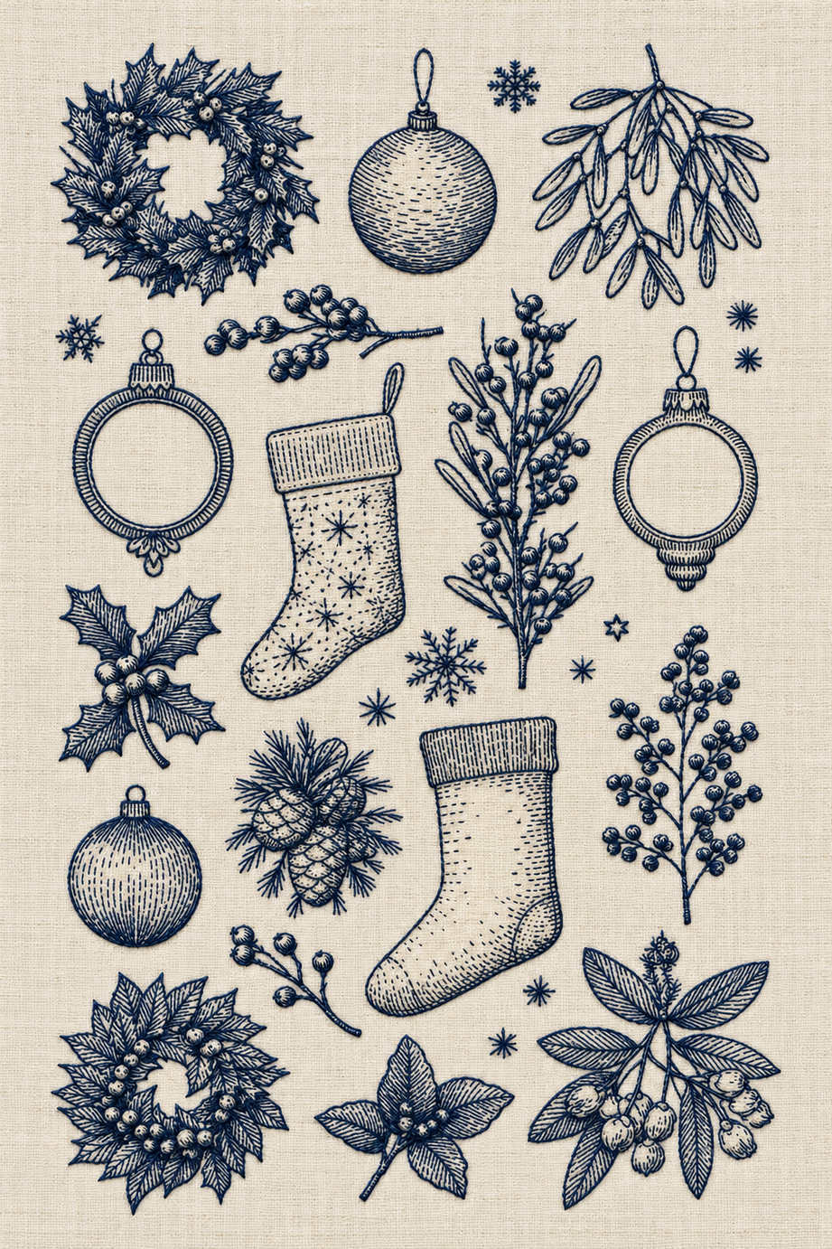Dark navy Christmas wreaths, four round ornaments, two stockings, berry stems, mistletoe and pinecones embroidered on ivory linen. Textile visualization from Christmas Embroidery Collection Edition 4, a digital PDF design book.