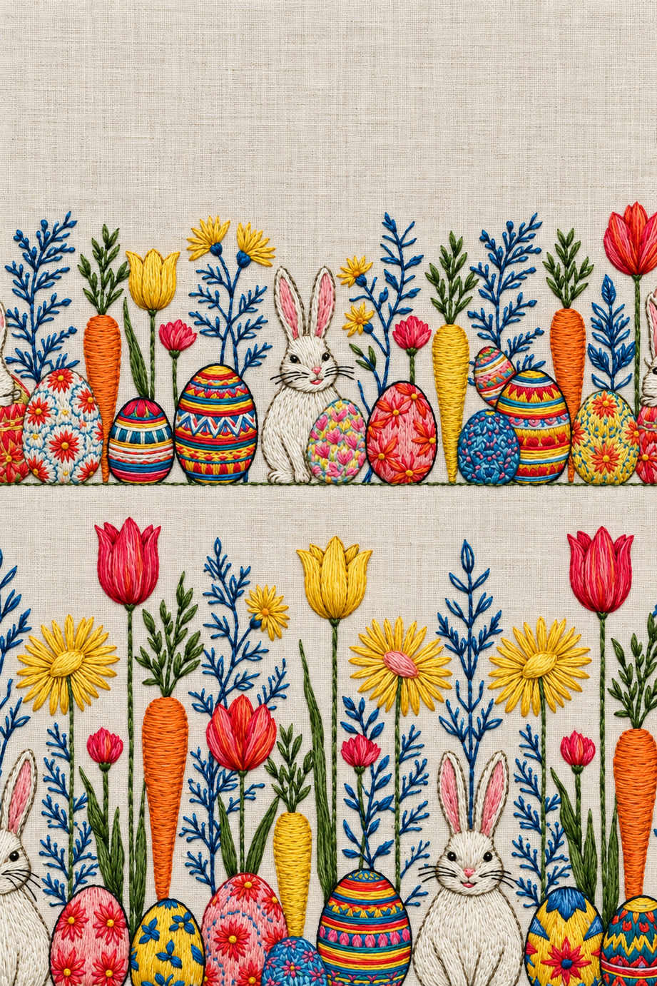 Two vividly coloured Easter embroidery borders with rabbits, patterned eggs, red and yellow flowers, blue stems and carrots below a broad blank upper area. Textile visualization from Easter & Spring Embroidery Edition 1, a digital PDF design book.