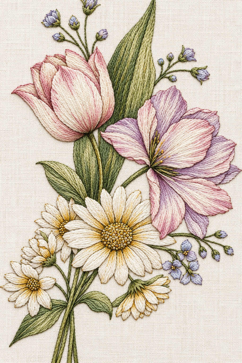 Blush tulip and large flared lavender flower with ivory daisies, small buds and long leaves in a delicate embroidered spring bouquet. Textile visualization from Easter & Spring Embroidery Edition 2, a digital PDF design book.