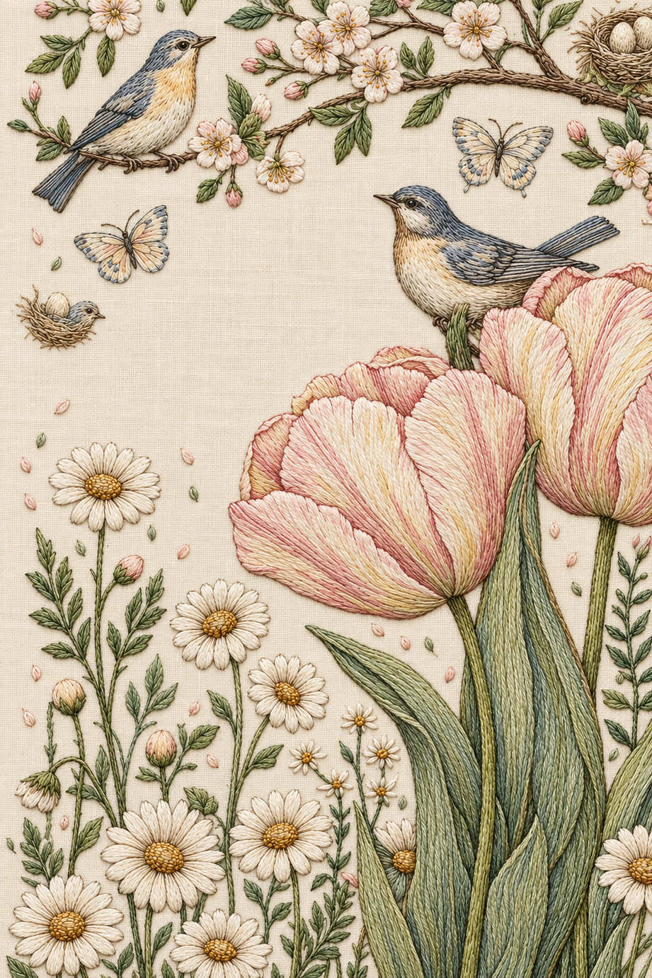 Two perched birds with butterflies, small nests, blossom branches, oversized tulips and a dense daisy garden in fine cotton embroidery. Textile visualization from Easter & Spring Embroidery Edition 4, a digital PDF design book.