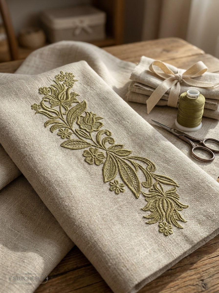 Five Floral Borders Bundle stitched on a finished textile project